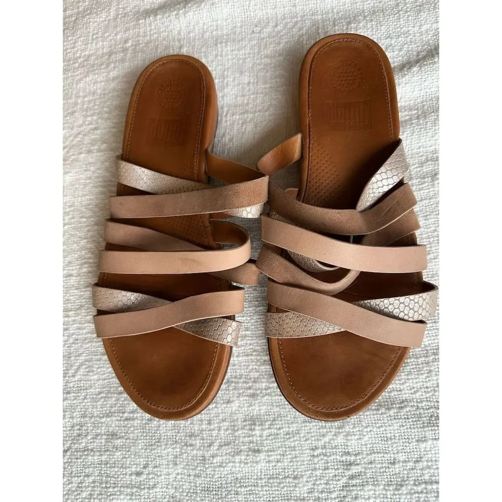 FitFlop Women's Size 8 Lumy Leather Slide Sandals Brown Silver Accents - Picture 1 of 5